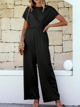 Acelitt Solid Color Round Neck Criss-Cross Front Elegant High Waist Straight Short Sleeve Jumpsuit